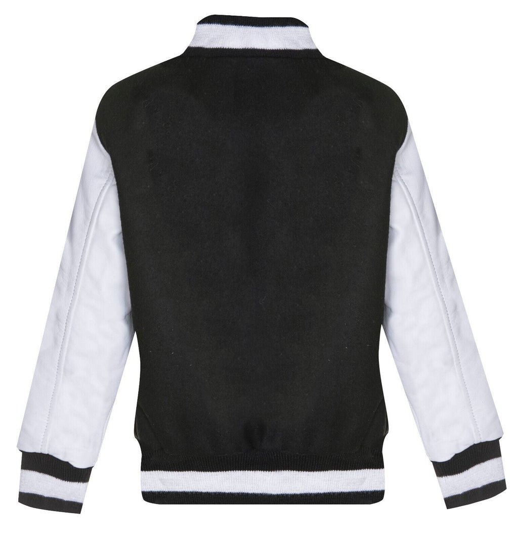 Kids Varsity Black & White Bomber Jacket with Real Leather Sleeves 3-13 yrs
