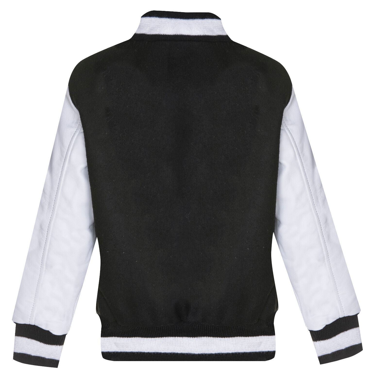 Kids Varsity Black & White Bomber Jacket with Real Leather Sleeves 3-13 yrs