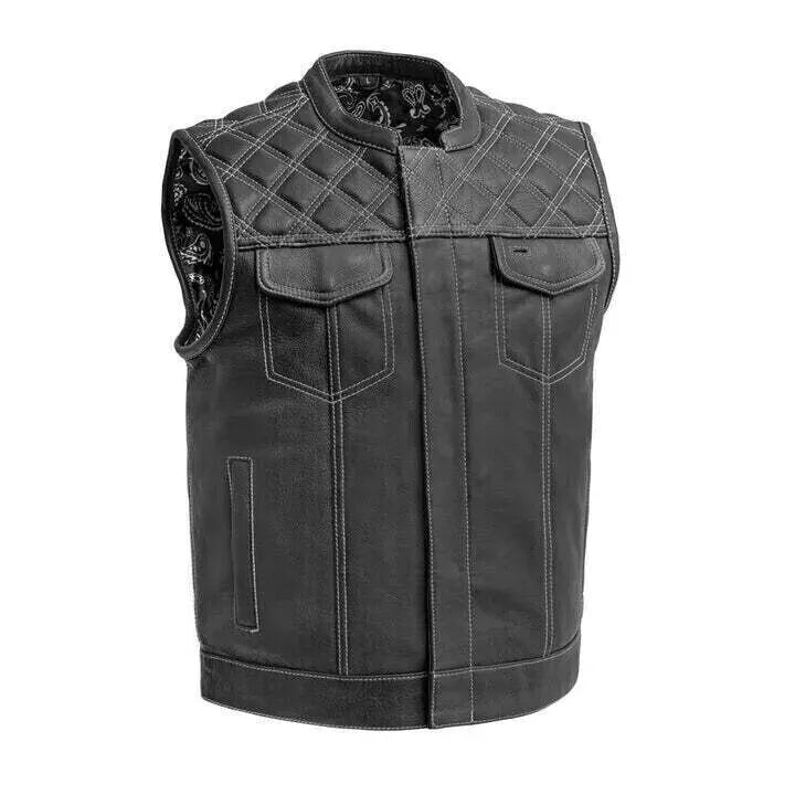Men's Black Leather Vest Diamond Motorbike Motorcycle Concealed Waistcoat White