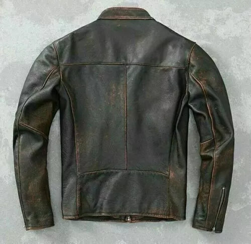 Men’s Motorcycle Biker Vintage Distressed Black Faded Real Leather Jacket