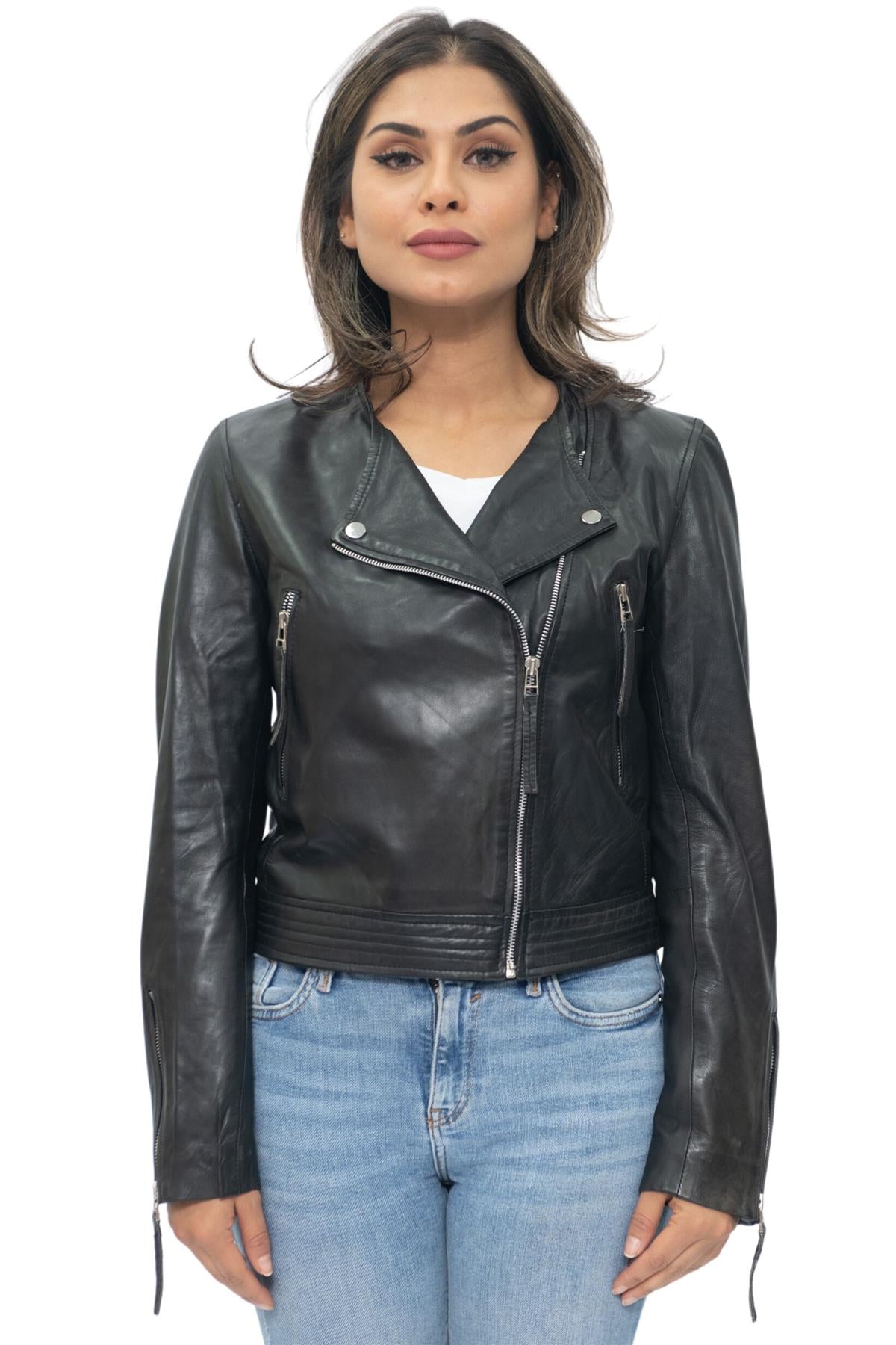 Womens Collarless Biker Jacket-Padova