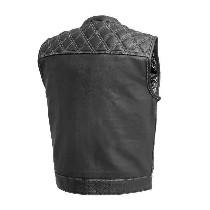 Men's Black Leather Vest Diamond Motorbike Motorcycle Concealed Waistcoat White