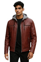 Men's Hooded Biker Lamb Leather Jacket - Burten