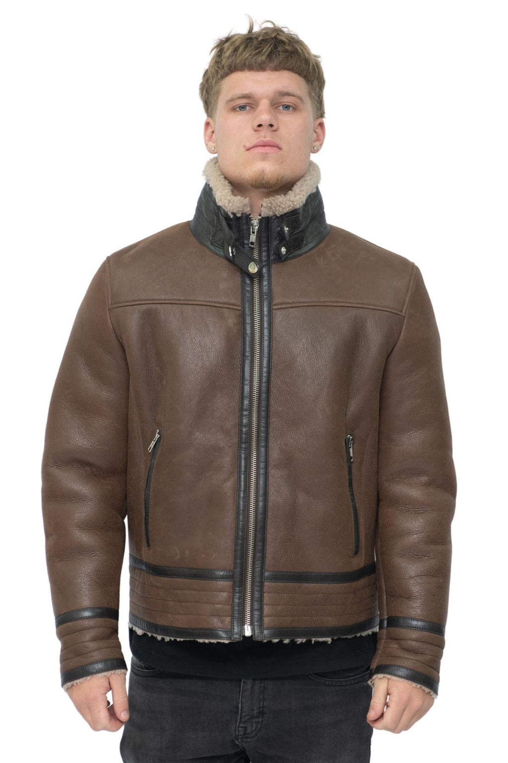 Mens Retro Pilot Sheepskin Leather Biker Jacket-Bogota