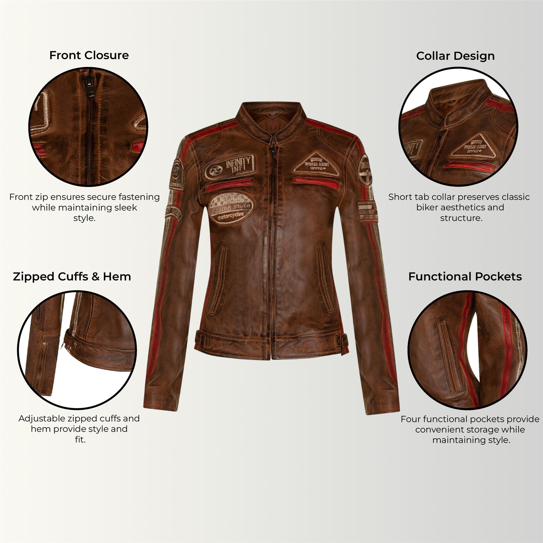 Womens Leather Biker Racing Badges Jacket-Agadir