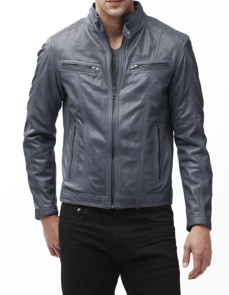 Cool Men's Zip Pockets Authentic Sheepskin 100% Leather Jacket Biker Grey Zipper
