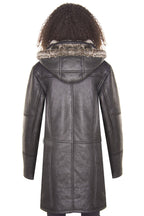 Womens Black Shearling Hooded Duffle Coat-Lille
