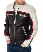 Trendy Men's Genuine Sheepskin Leather Jacket Biker Black & White Luxury Fashion