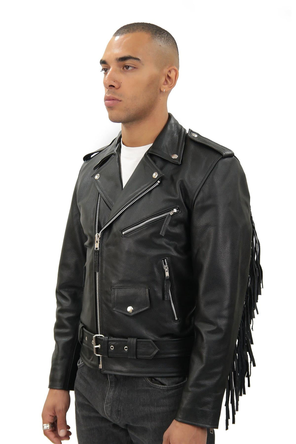 Mens Fringe Hide Leather Biker Jacket- Tokyo
