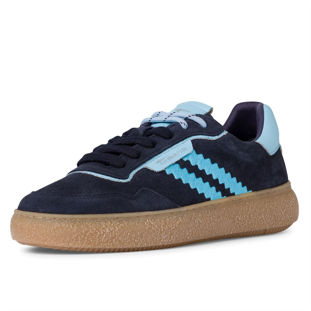 Tamaris Womens Navy Blue Leather Fashion Stripe Lace Up Sneakers