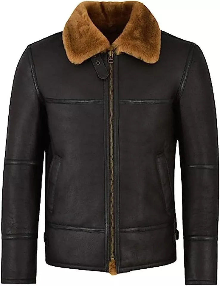 Mens Aviator Brown B3 Real Shearling Sheepskin Leather Bomber Flying Jacket