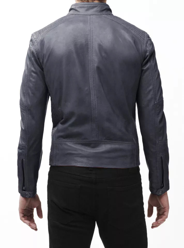 Cool Men's Zip Pockets Authentic Sheepskin 100% Leather Jacket Biker Grey Zipper