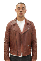 Mens Quilted Leather Biker Jacket-Bordeaux