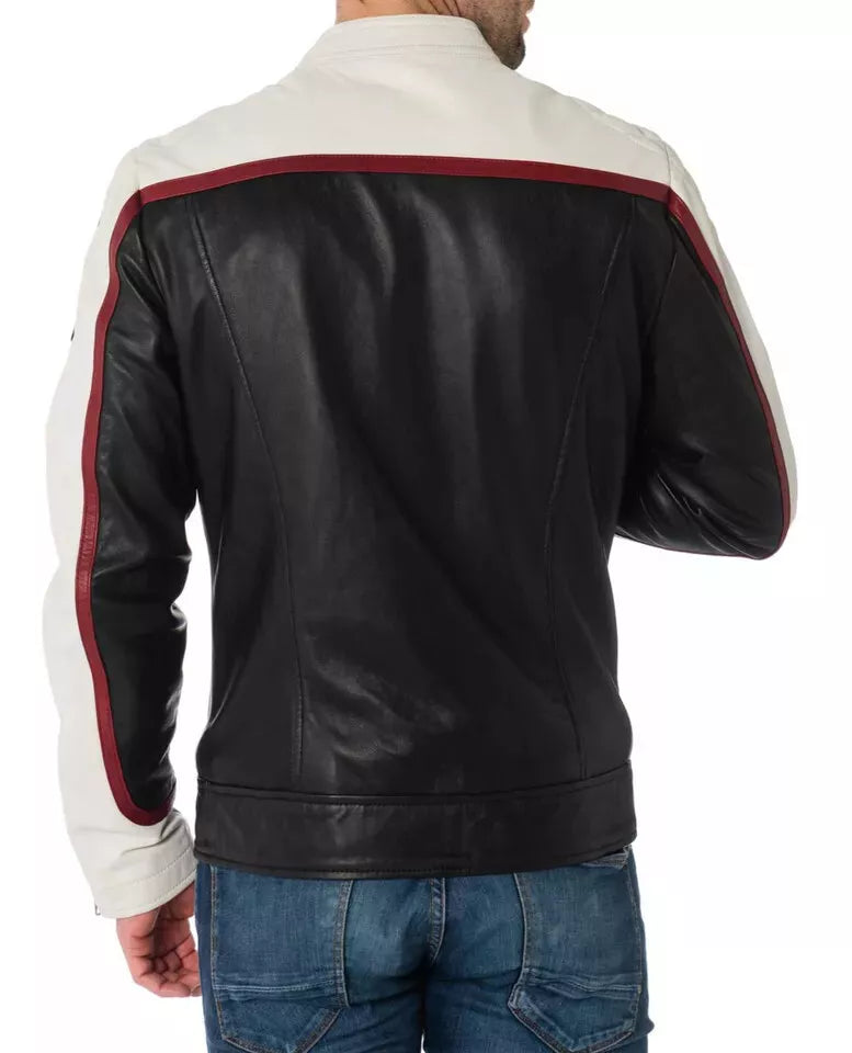 Trendy Men's Genuine Sheepskin Leather Jacket Biker Black & White Luxury Fashion