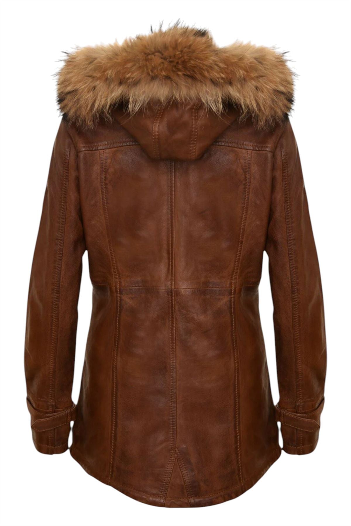Womens Leather Hooded Parka Jacket-Putian