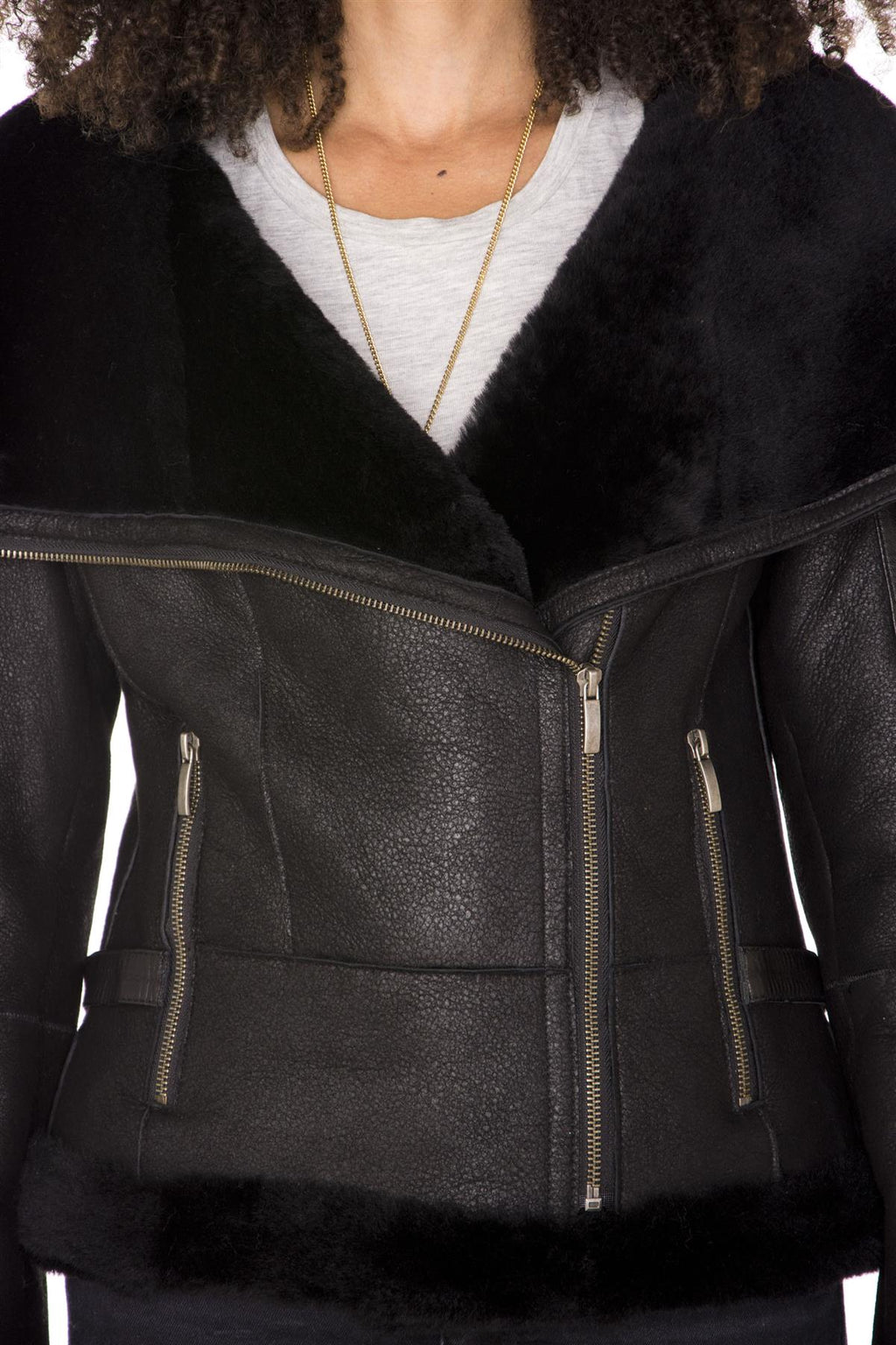 Womens Merino Sheepskin Aviator Leather Jacket-Asmara