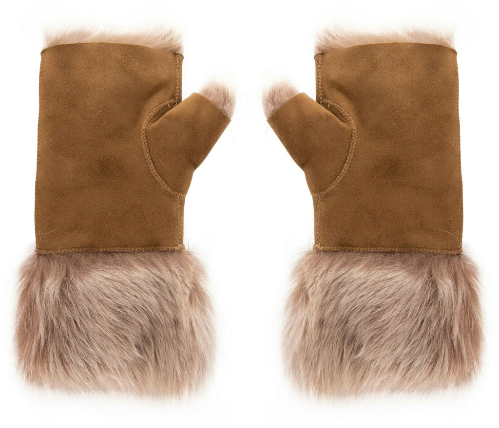 Womens Shearling  Mittens Fingerless Cuffs Toscana Suede Sheepskin Fur
