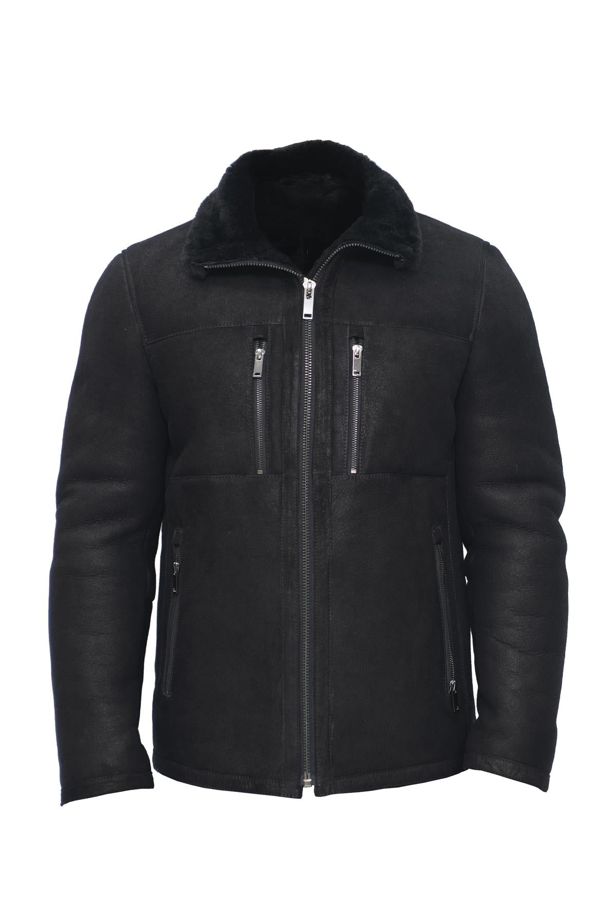 Mens Sheepskin Biker Bomber Jacket-Agboville