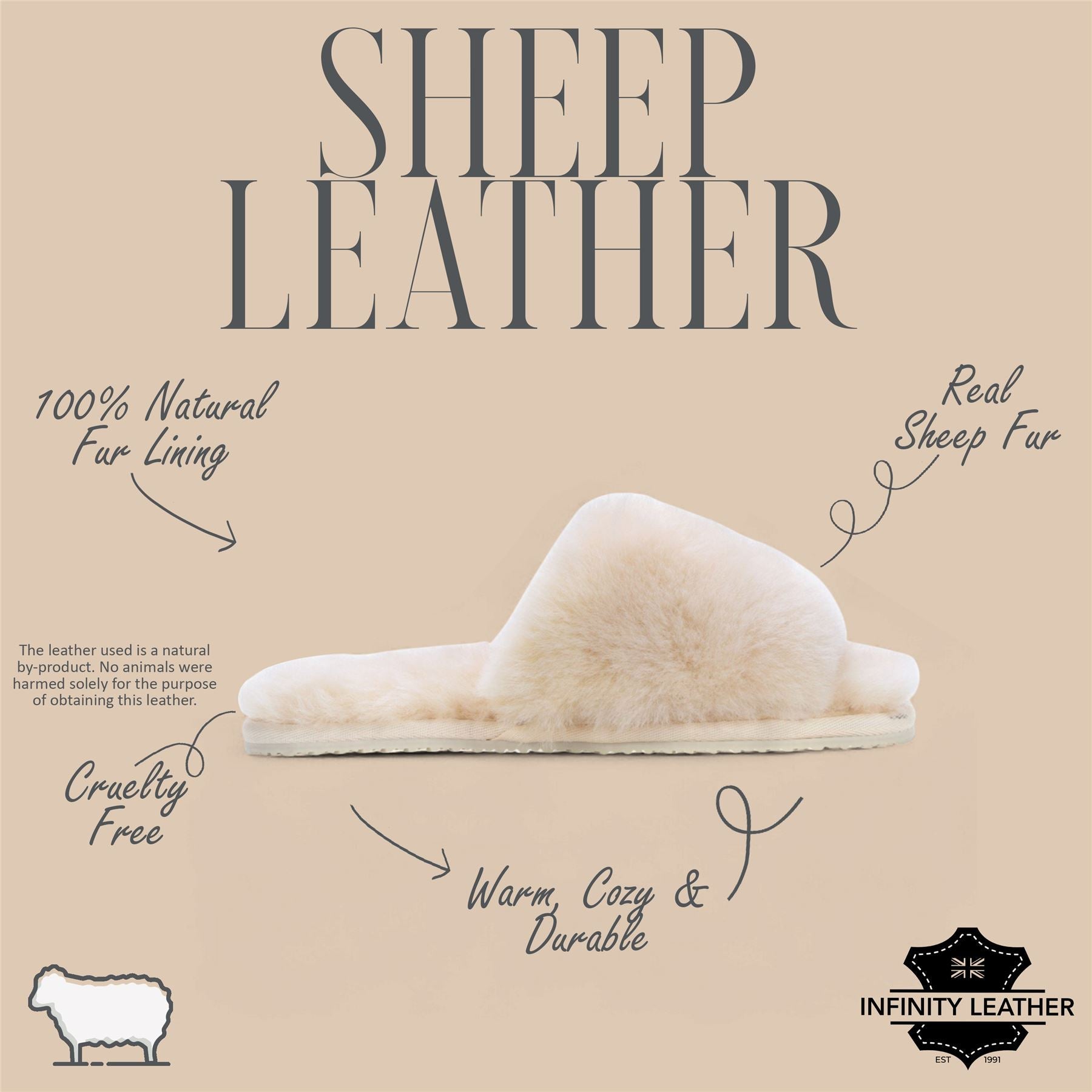 Women's Sheepskin Slippers Beige Warm Winter Fur Sliders - Nordic