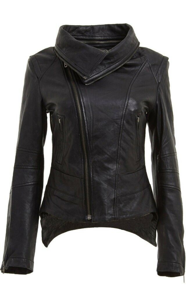 Womens Detachable Collar Leather Biker Jacket-Rosario