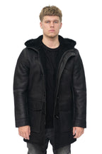 Mens Winter Sheepskin Leather Hooded Duffle Coat-Montpellier