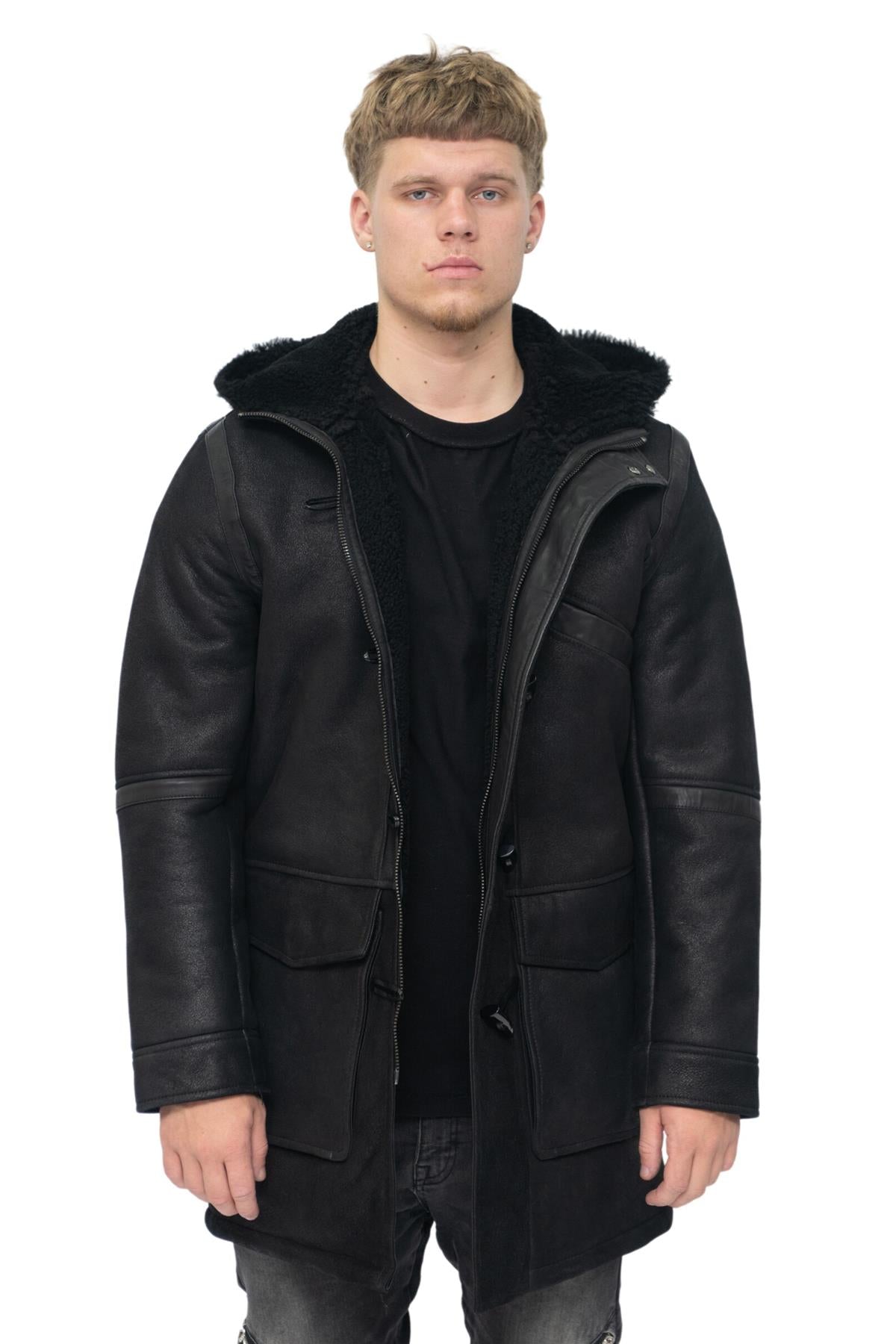 Mens Winter Sheepskin Leather Hooded Duffle Coat-Montpellier