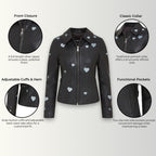Women’s Black Leather Hearts Biker Jacket  - Wynyard