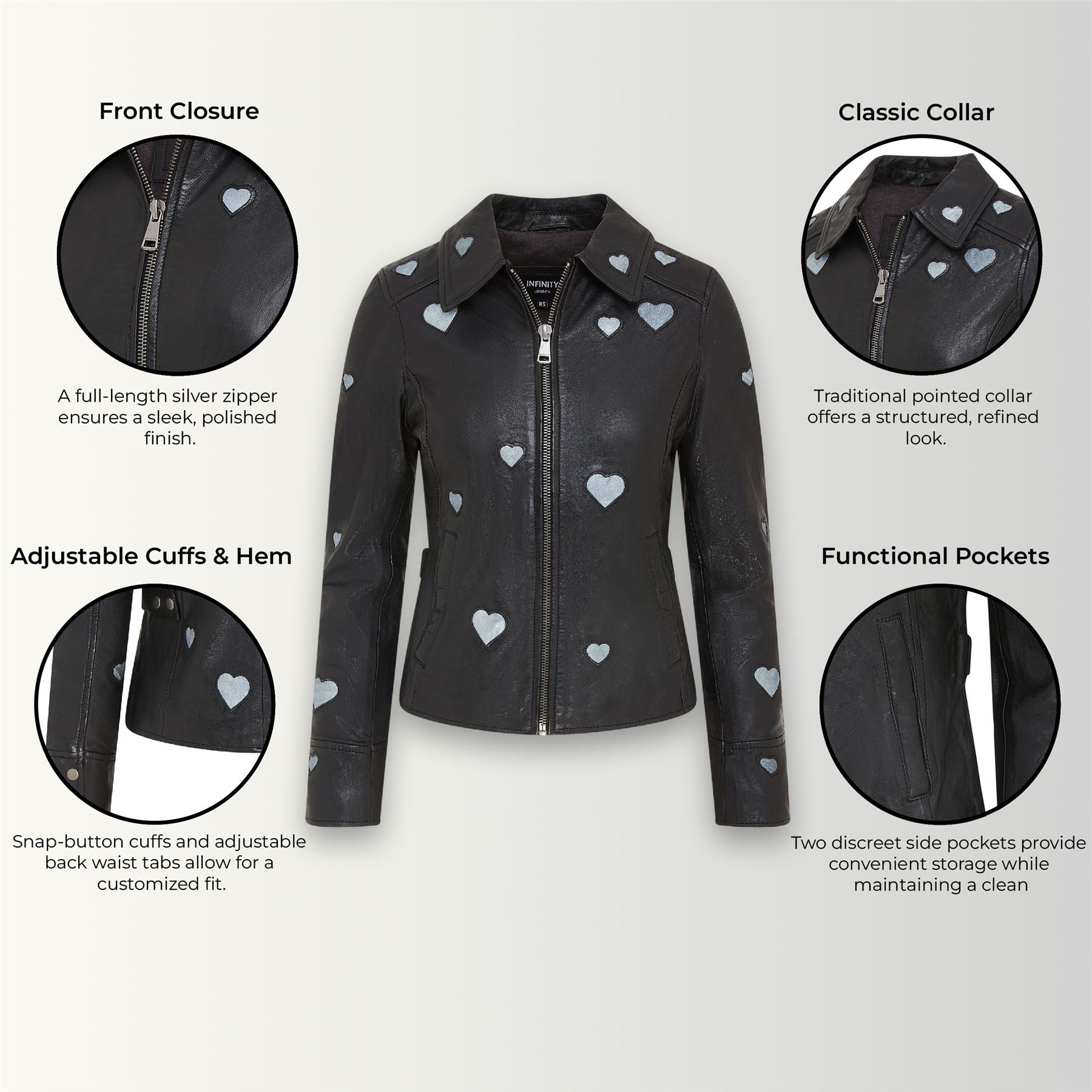 Women’s Black Leather Hearts Biker Jacket  - Wynyard