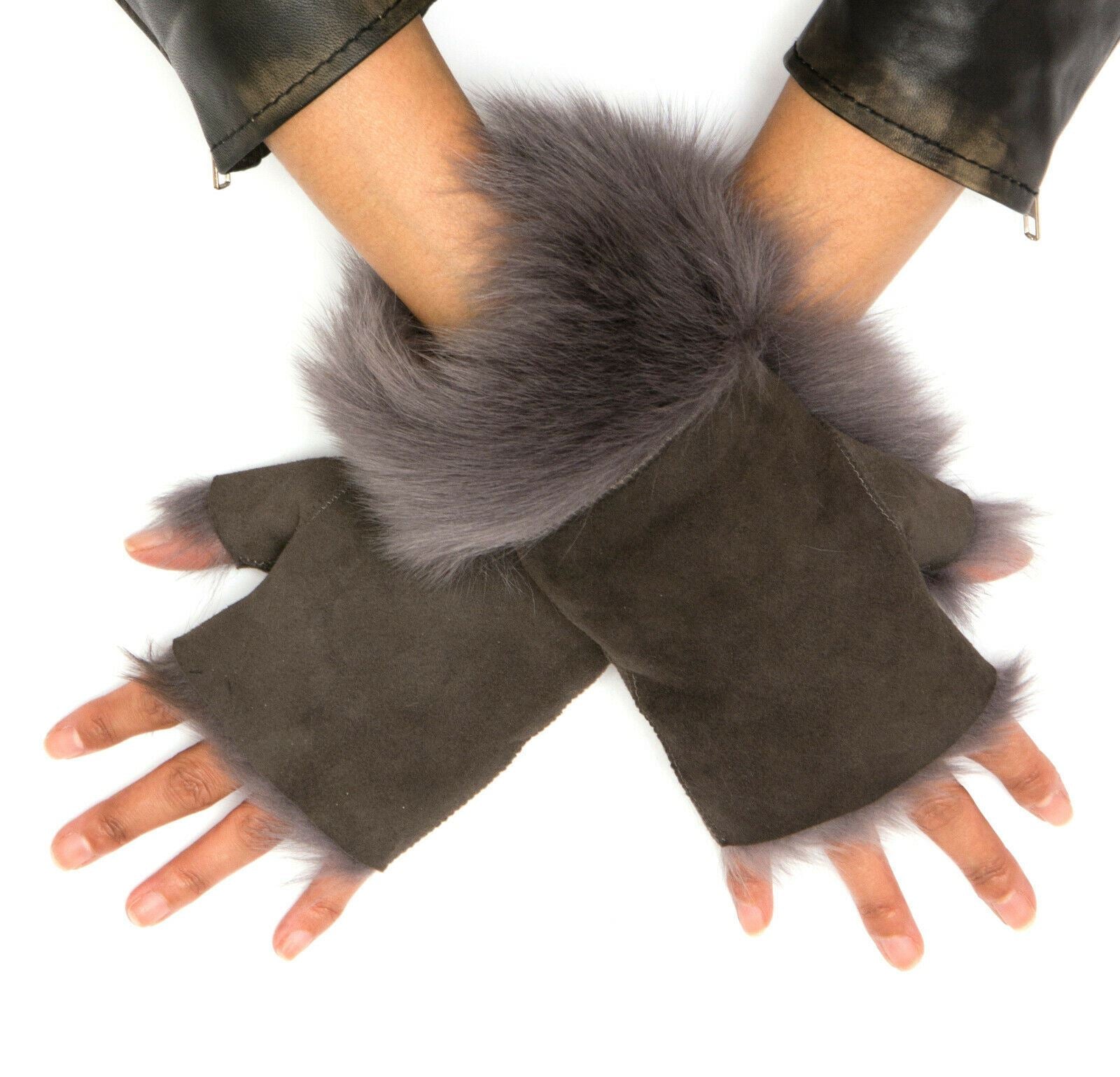 Womens Shearling  Mittens Fingerless Cuffs Toscana Suede Sheepskin Fur