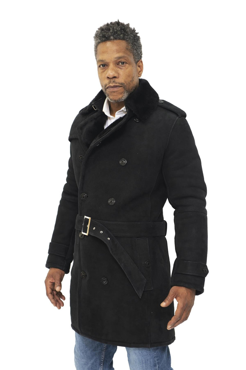 Mens Shearling Sheepskin Suede Pea Coat-Cali