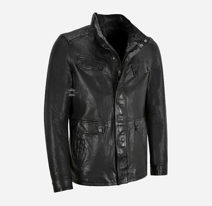 TREK Veg Tanned Leather Jacket Classic Safari Coat in Black