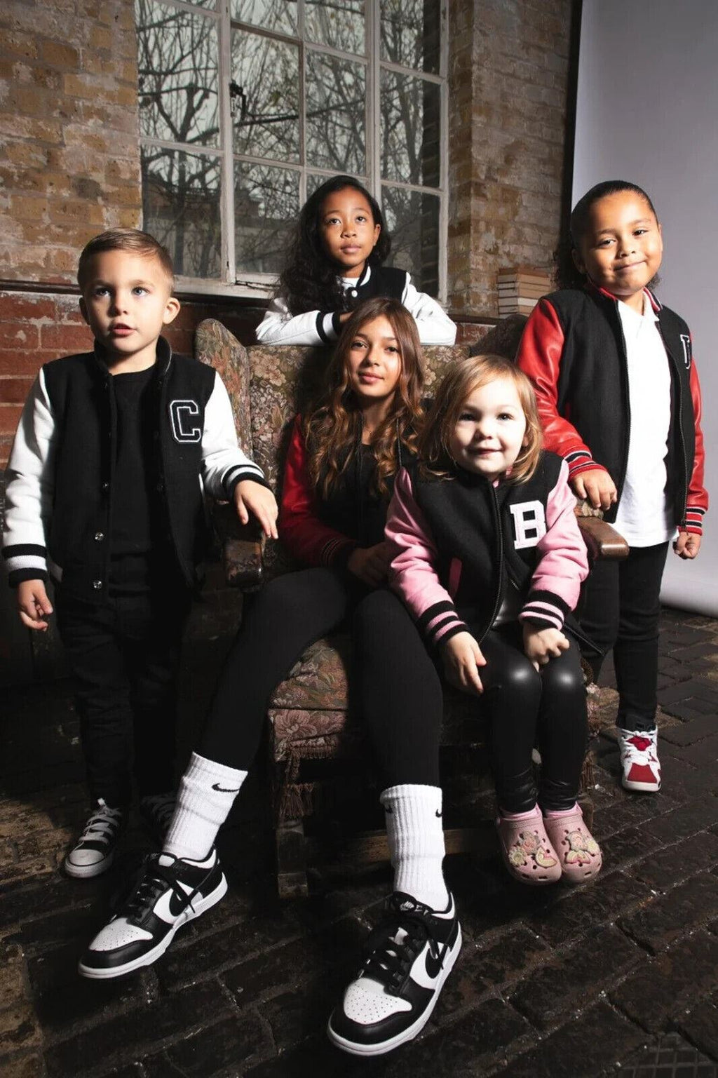 Kids Varsity Black & Red Bomber Jacket with Real Leather Sleeves 3-13 yrs