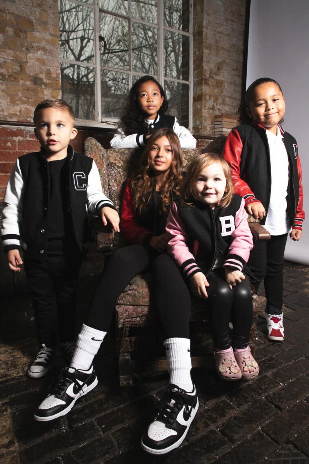 Kids Varsity Black & Red Bomber Jacket with Real Leather Sleeves 3-13 yrs