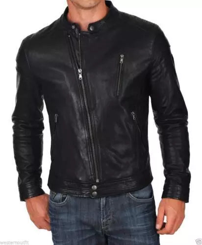 Men Slim Fit Biker Motorcycle Lambskin Leather Jacket Coat Outwear Jackets N1411