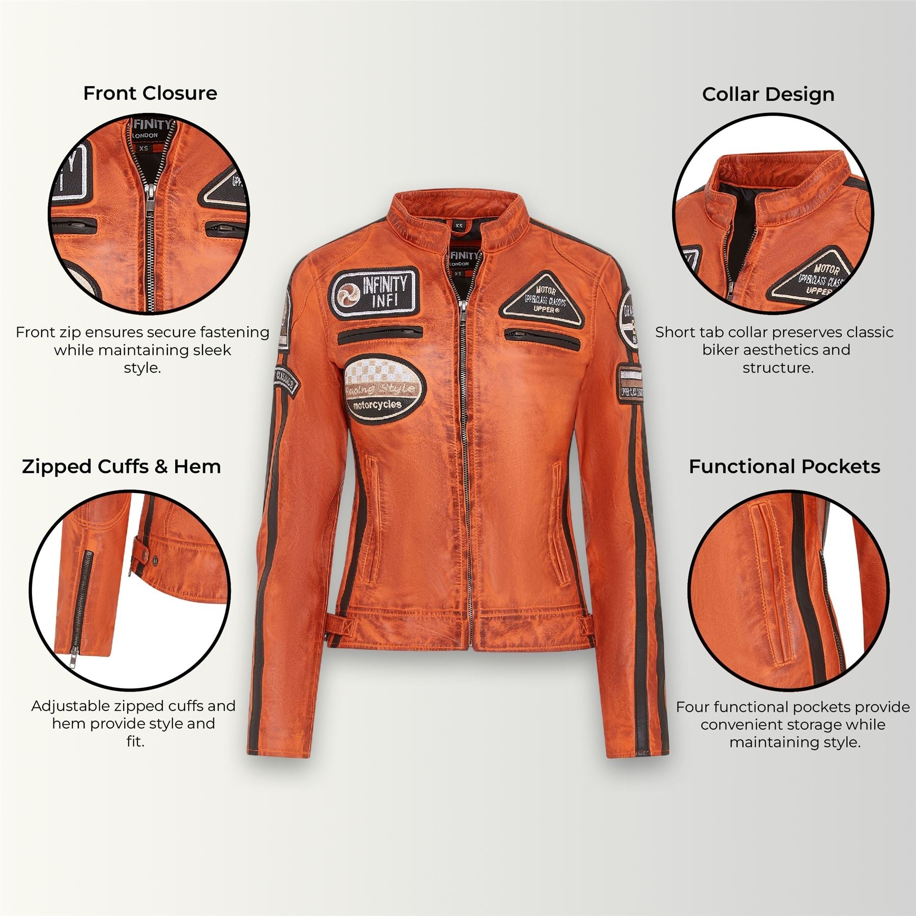 Womens Leather Biker Racing Badges Jacket-Agadir