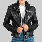 Women’s Black Hooded Biker Leather Jacket