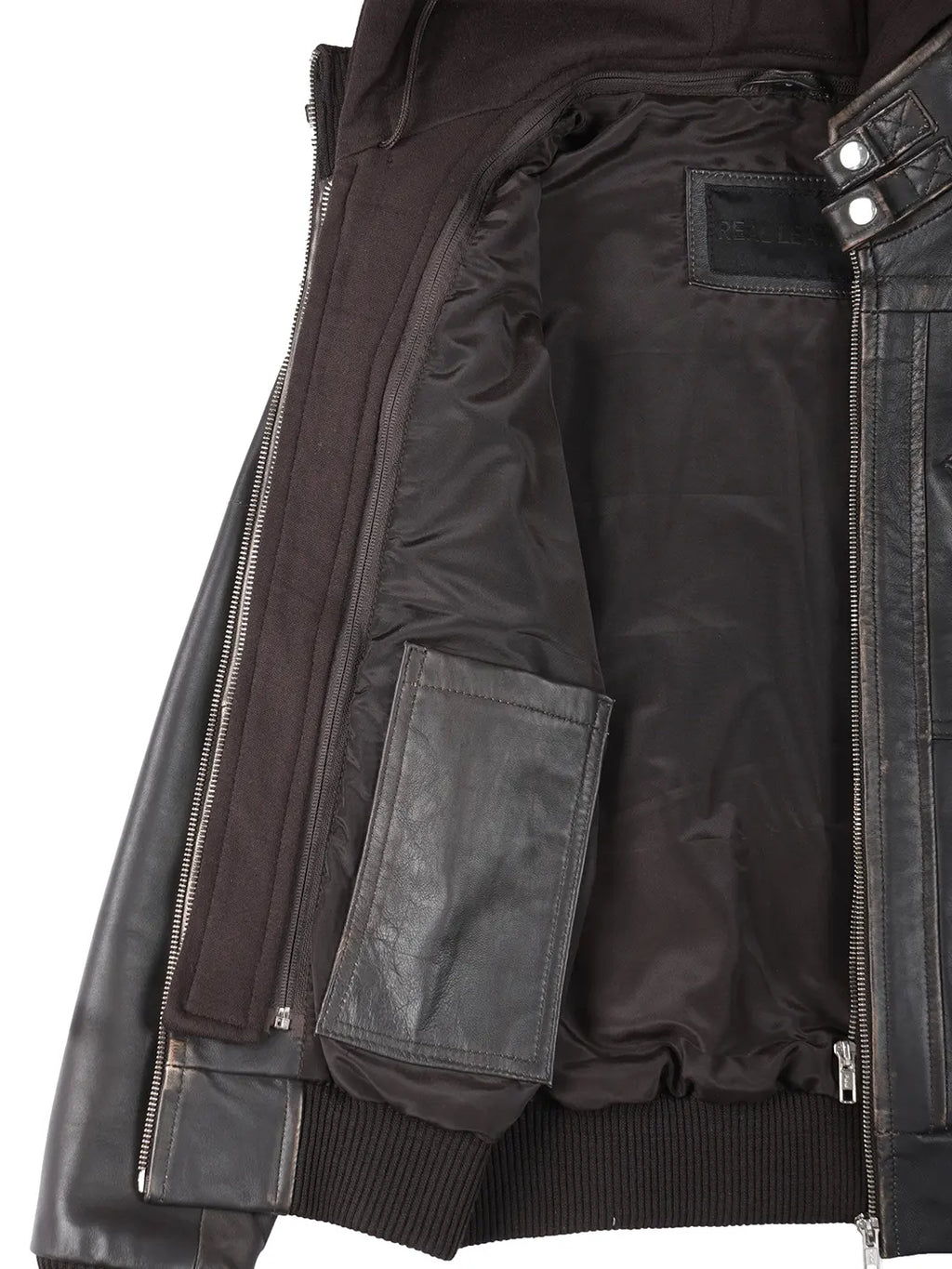 Women's Dark Brown Rub Off Leather Jacket with Removable Hood