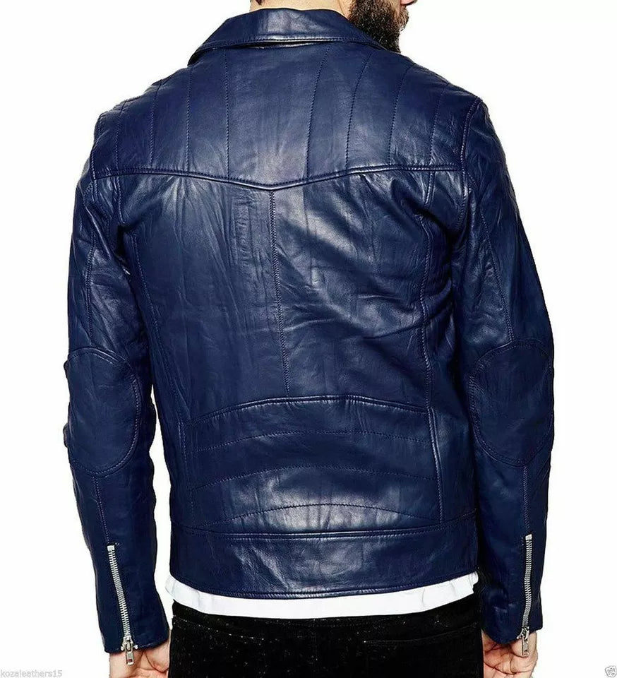 Men's Classic Leather Motorcycle Jacket - Double Zipper Real Leather Mens Moto Jacket