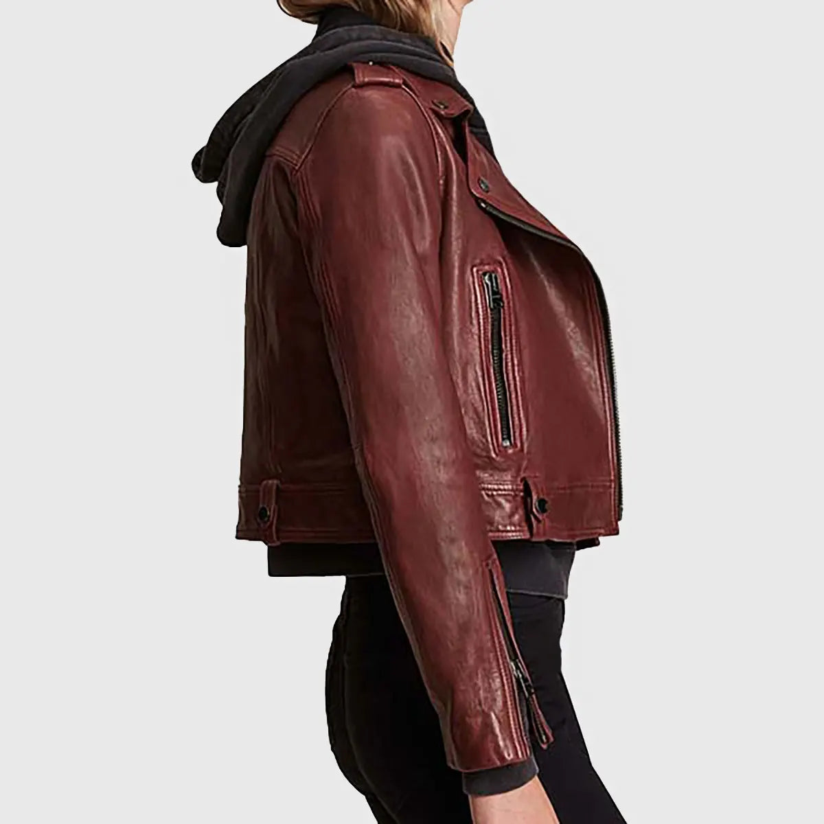Women’s Maroon Leather Biker Jacket