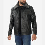 Men’s Black Trucker Shearling Leather Jacket