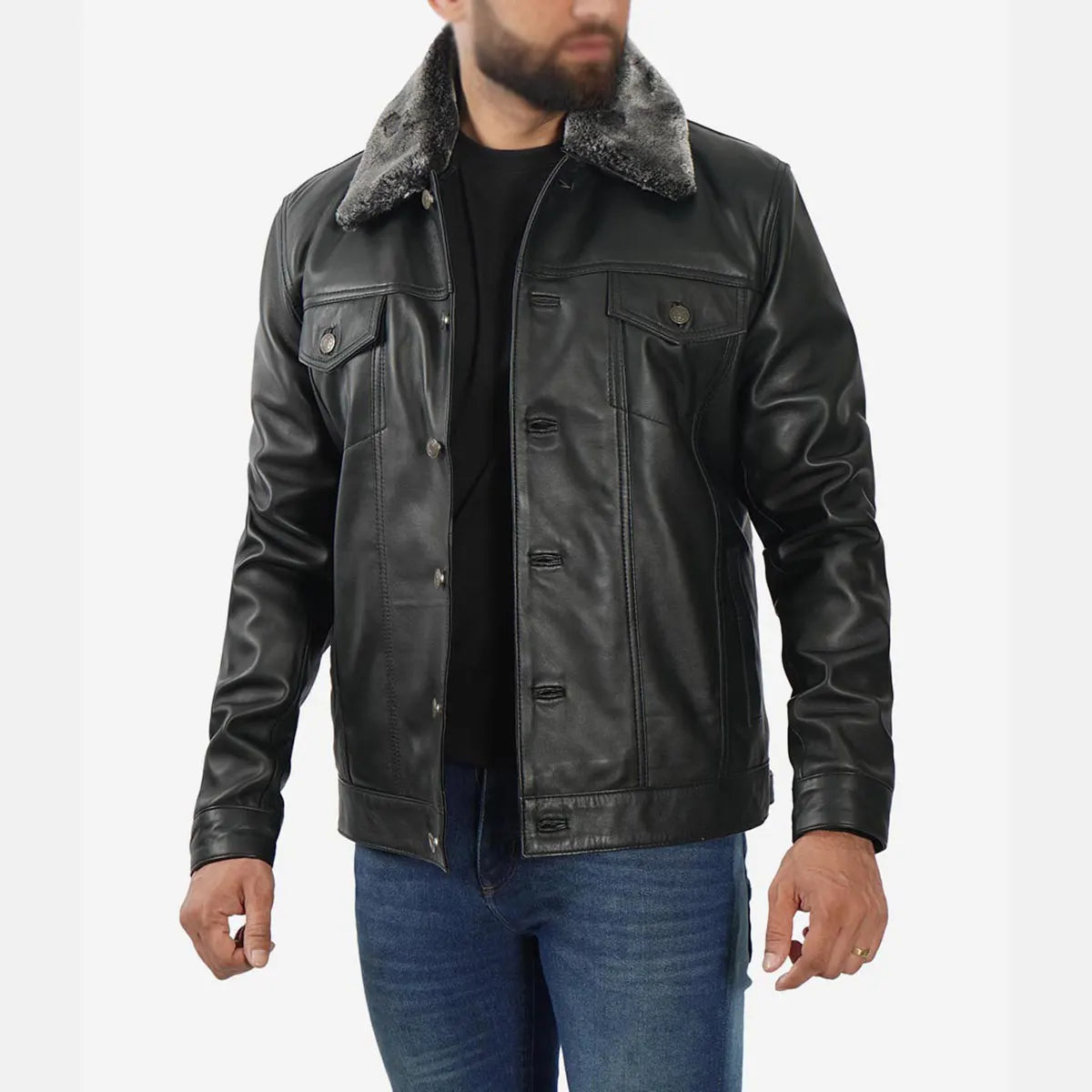 Men’s Black Trucker Shearling Leather Jacket