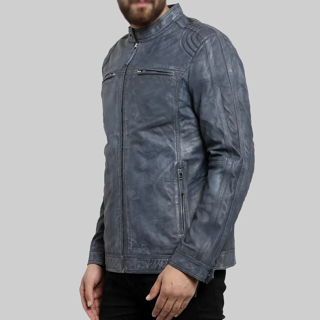 Men’s Blue Distressed Leather Biker Jacket