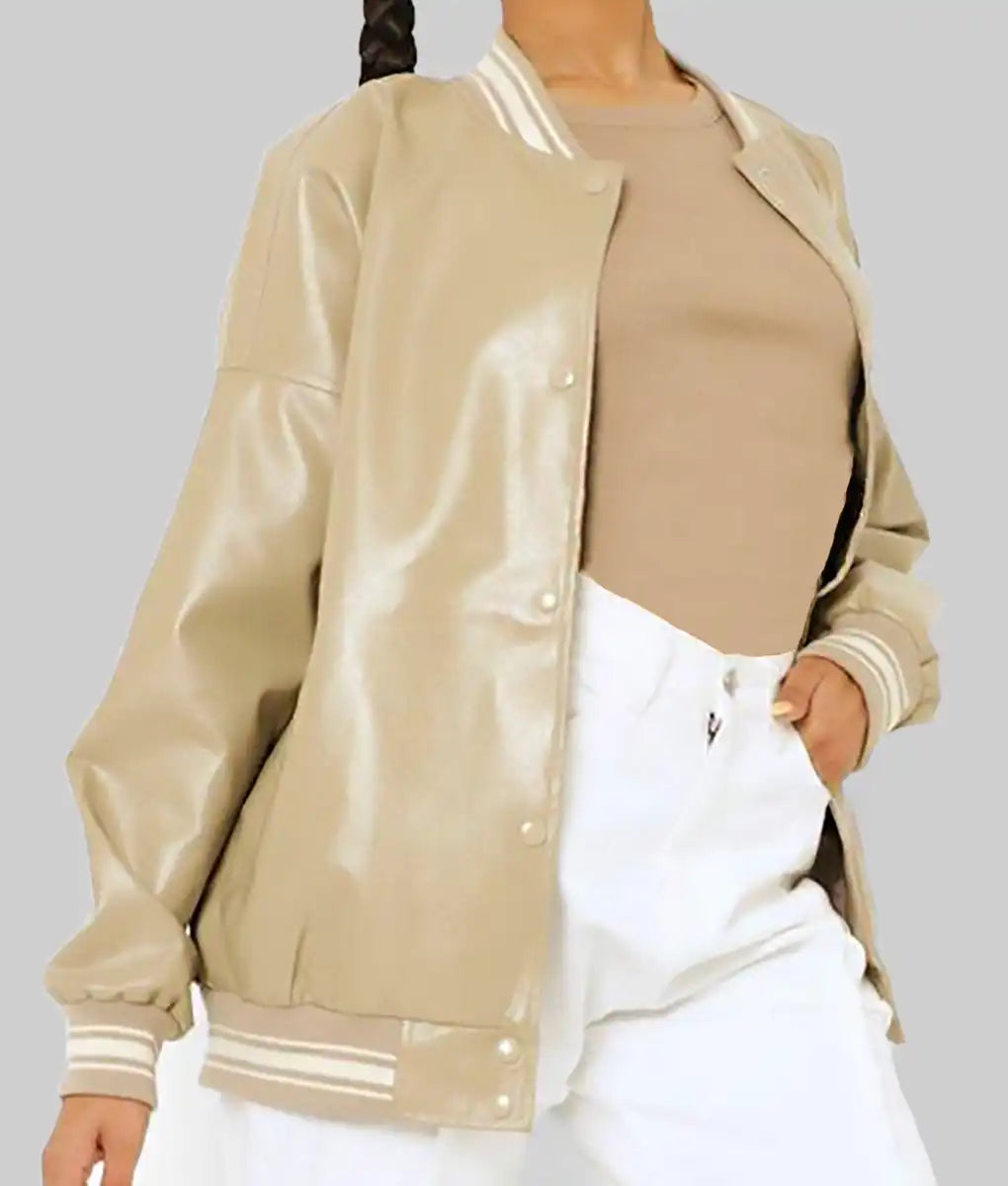 Women’s Beige Leather Varsity Jacket