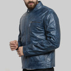 Men’s Blue Distressed Leather Biker Jacket