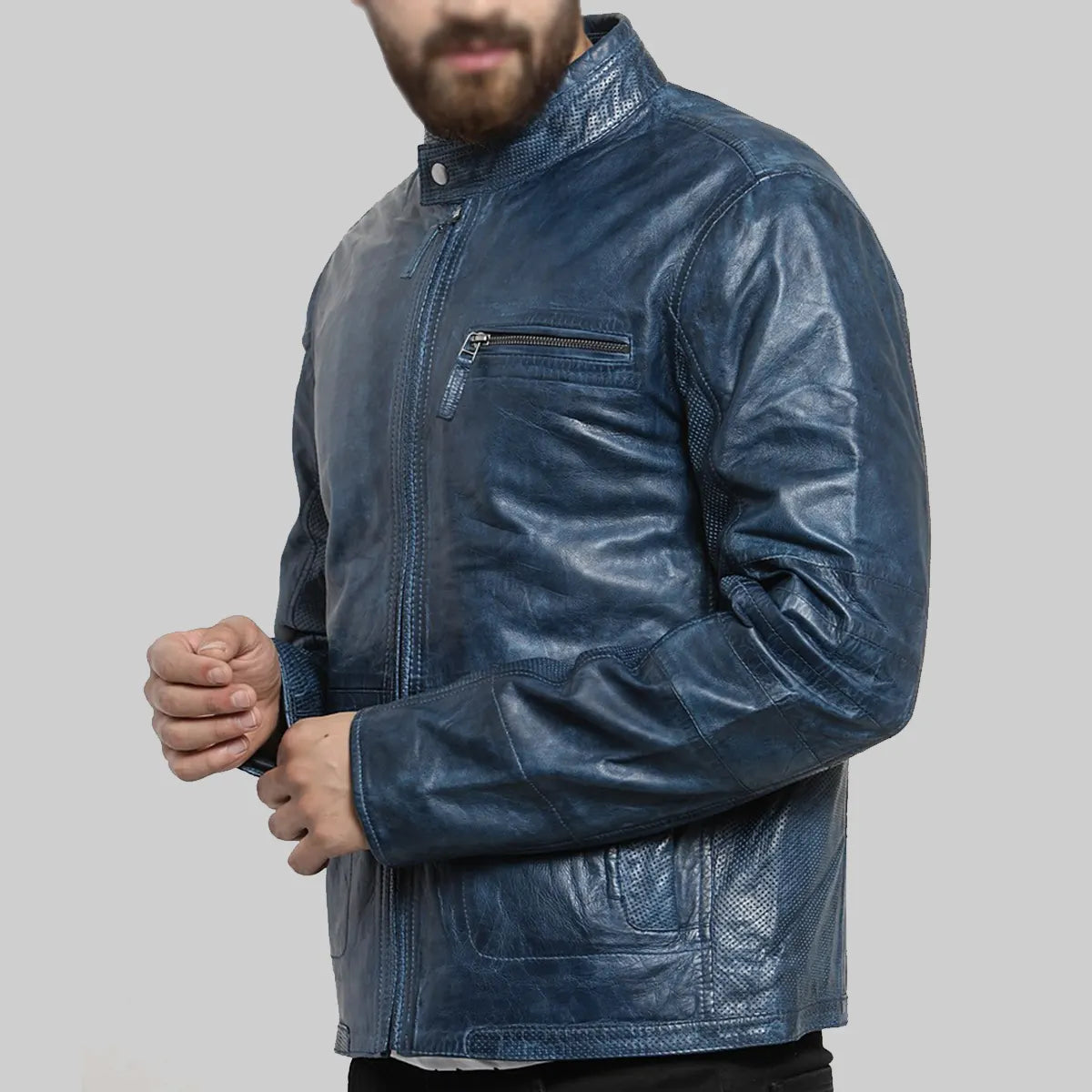 Men’s Blue Distressed Leather Biker Jacket