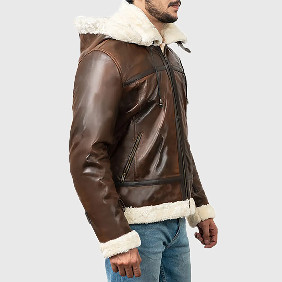 Men’s Brown Hooded B-3 Bomber Leather Jacket