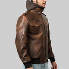 Men’s Brown Hooded Leather Biker Jacket