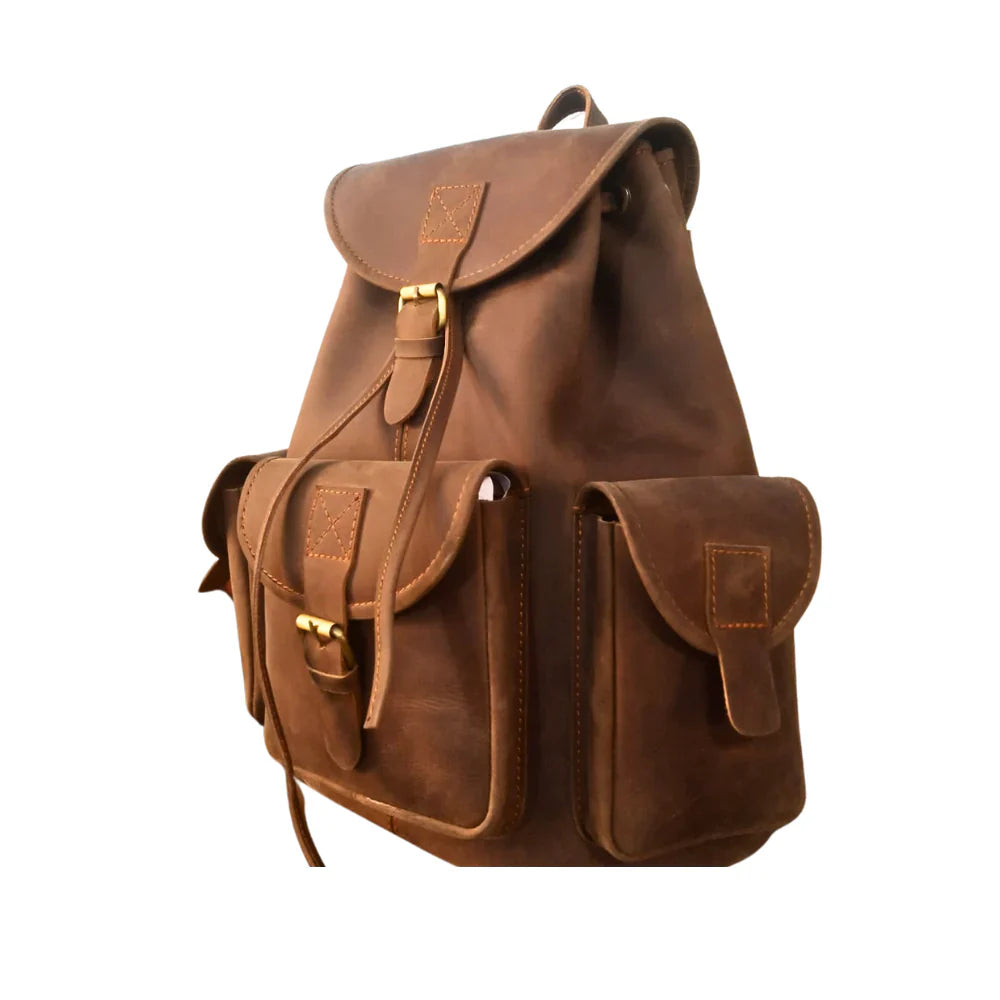 Vintage Dark Brown Leather Backpack - Handmade Leather Drawstring Bag