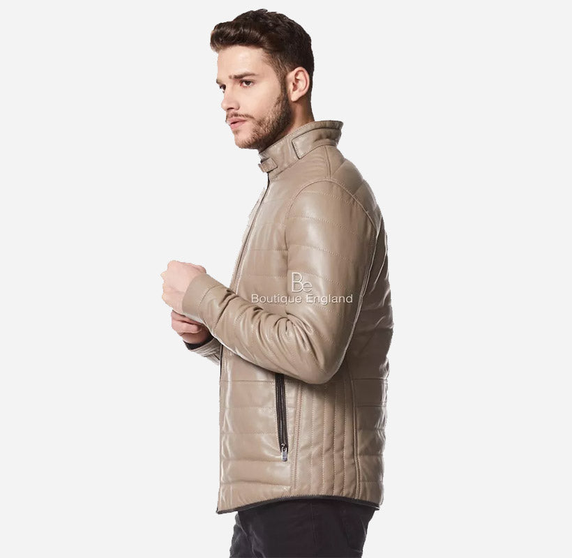 RANGER Mens Puffer Leather Jacket Padded Jacket in Beige
