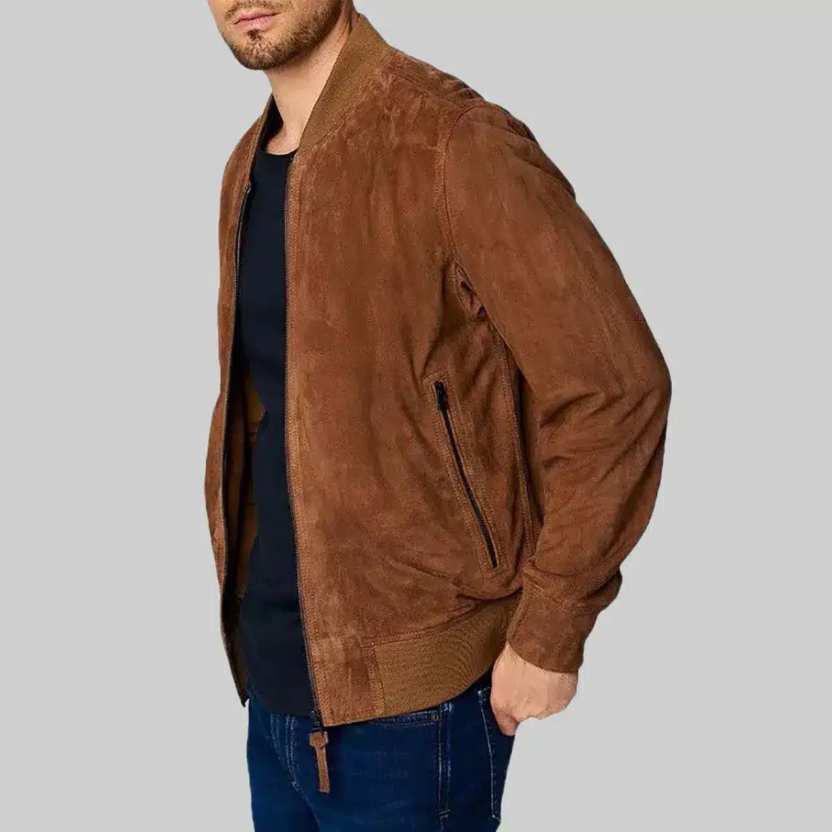 Mens Brown Bomber Suede Jacket